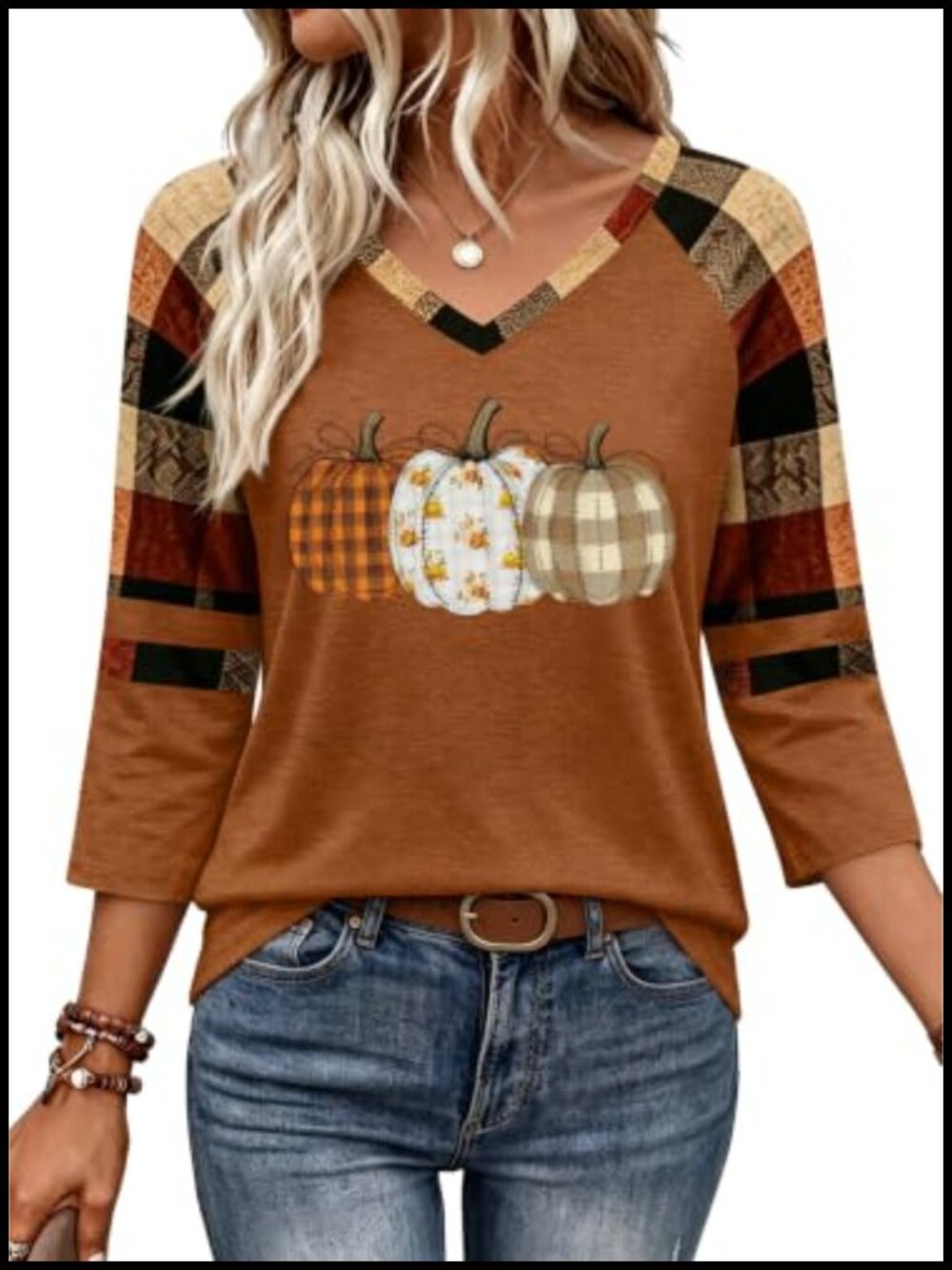 CAZYCHILD Women's 3/4 Sleeve V-Neck Halloween Leopard Pumpkin Tee